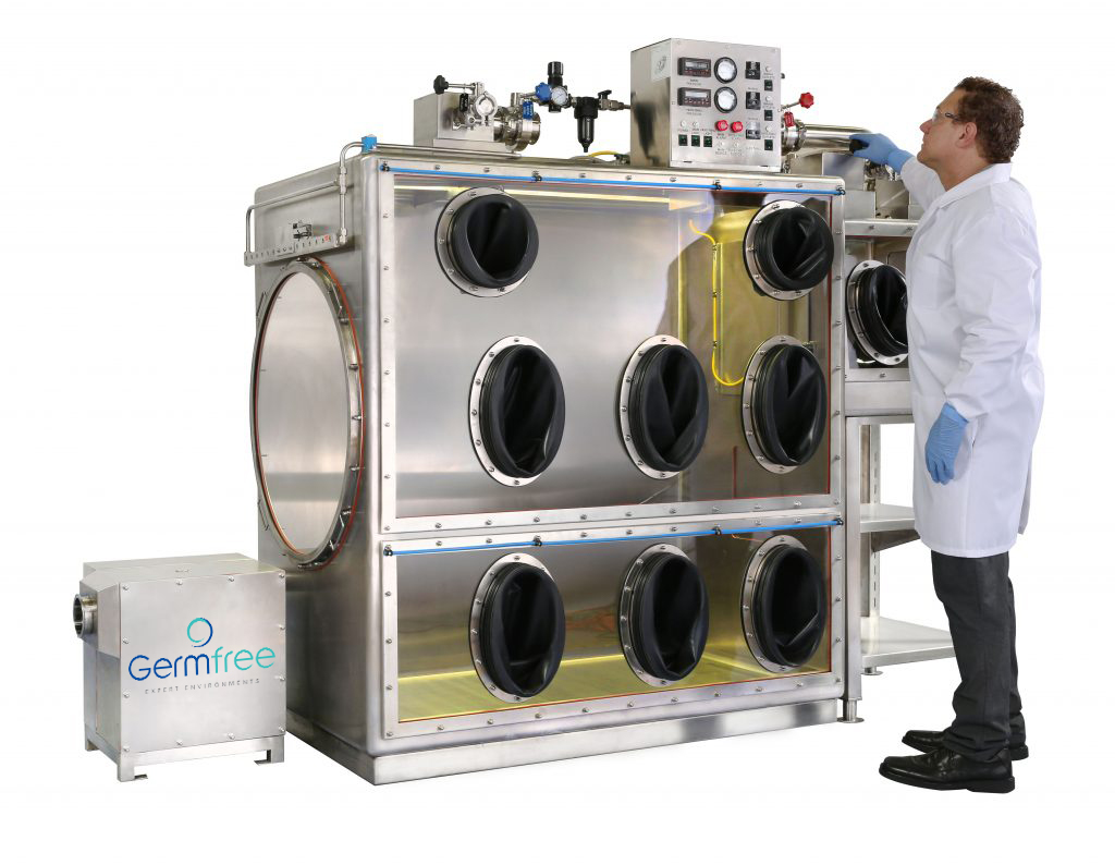 Germfree specializes in the fabrication of critical Class III gloveboxes for biocontainment and research all around the world. The device pictured is a custom unit, specifically designed for the end user’s application and requirements—the unit features many additional gloveports for access to the extra large containment space. 