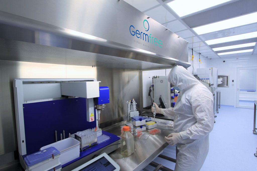 Germfree manufactures mobile and podular facilities that enable disease research, pharmacy compounding and biopharma production. Equipment pictured in this podular facility is used to maintain a clean air environment around the products, and a laminar flow hood bathes the product with HEPA-filtered air to protect it from contaminants.