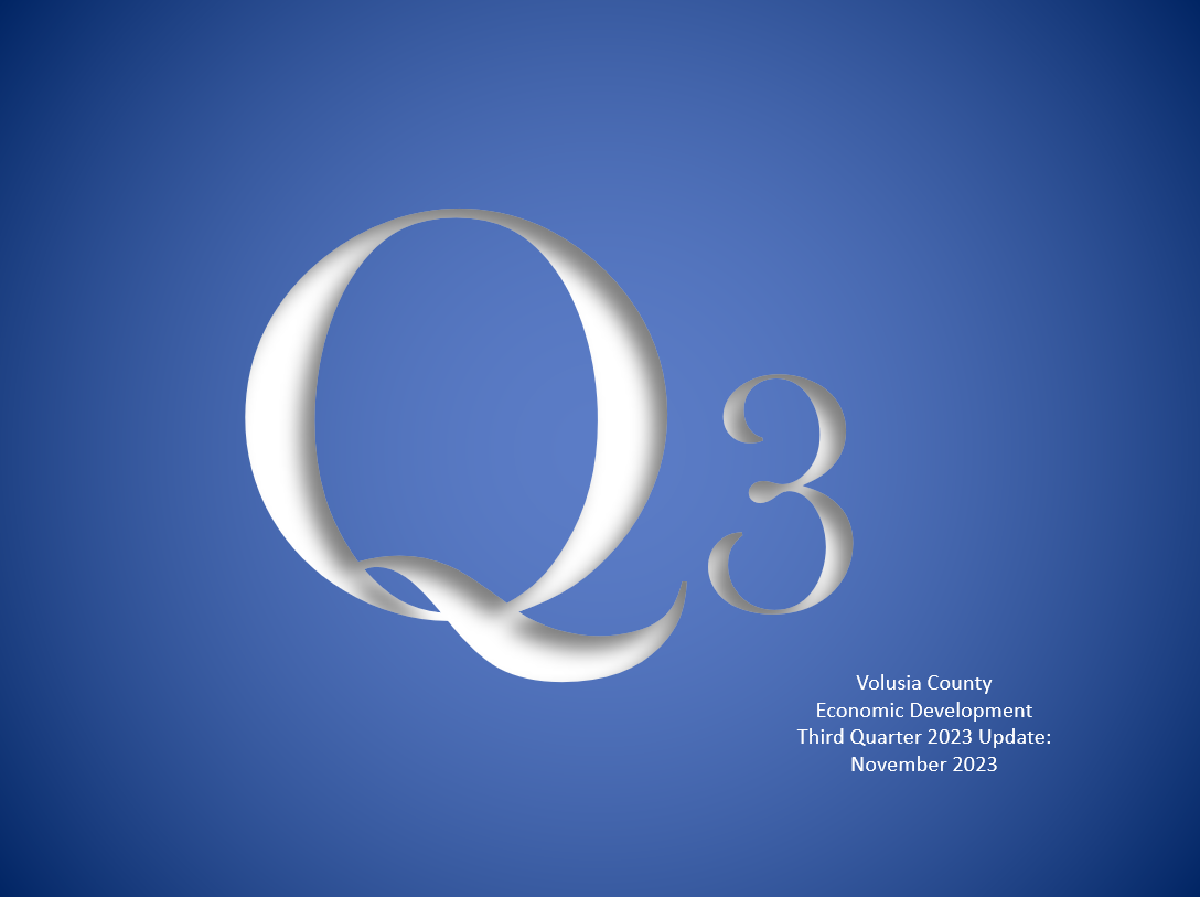 Q3 Volusia County Economic Development Third Quarter 2023 Update: November 2023 Q Report cover. The link will open the Research Center webpage on floridabusiness.org
