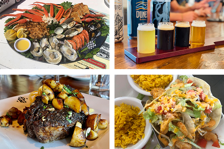 Collage of four pictures of seafood, beers, steak and chicken dish