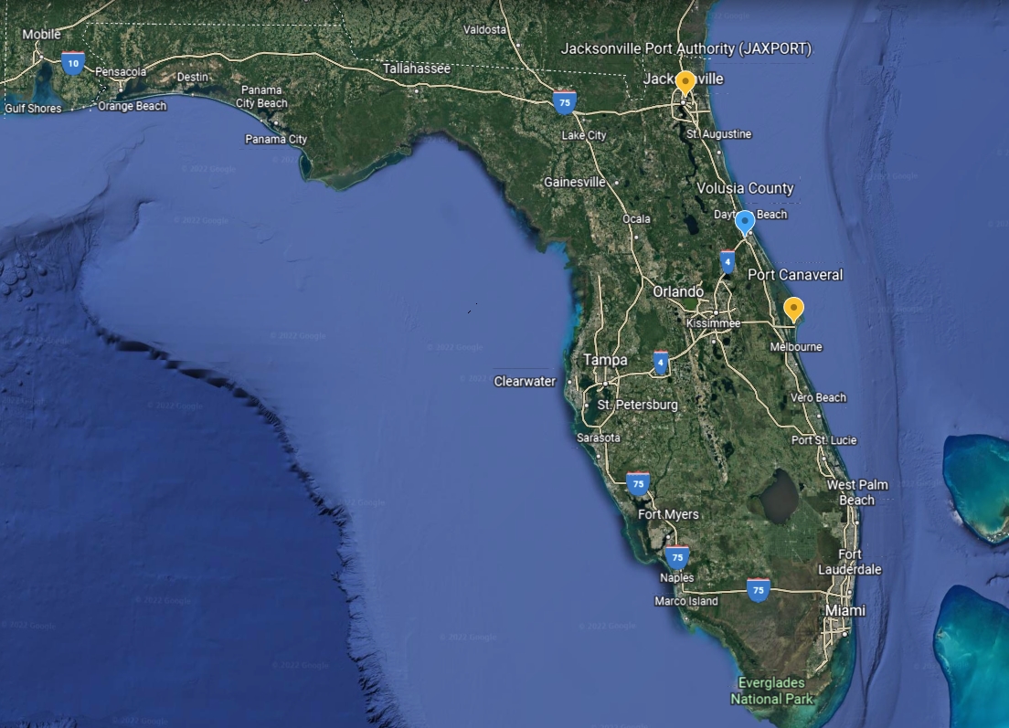 Map of Florida with pins for JaxPort and Port Canaveral in relation to Volusia County