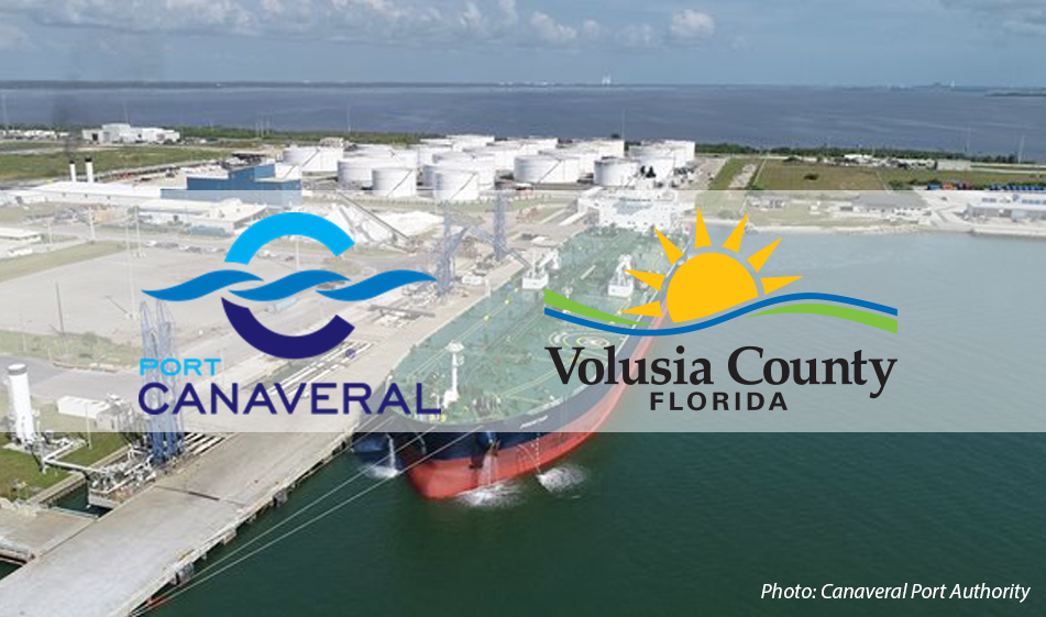 Photo of Port Canaveral with Canaveral logo and Volusia County Economic development logo