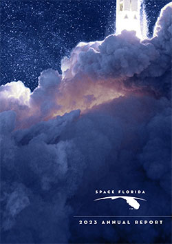 Rocket flying through the clouds with star clusters in the background. Space Florida logo on cover