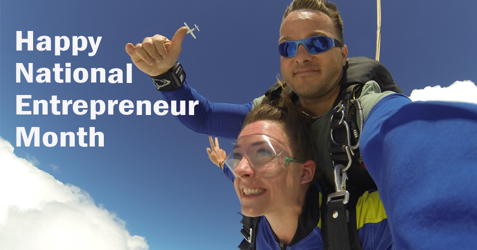 Happy National Entrepreneur Month - A man and woman tandem skydiving