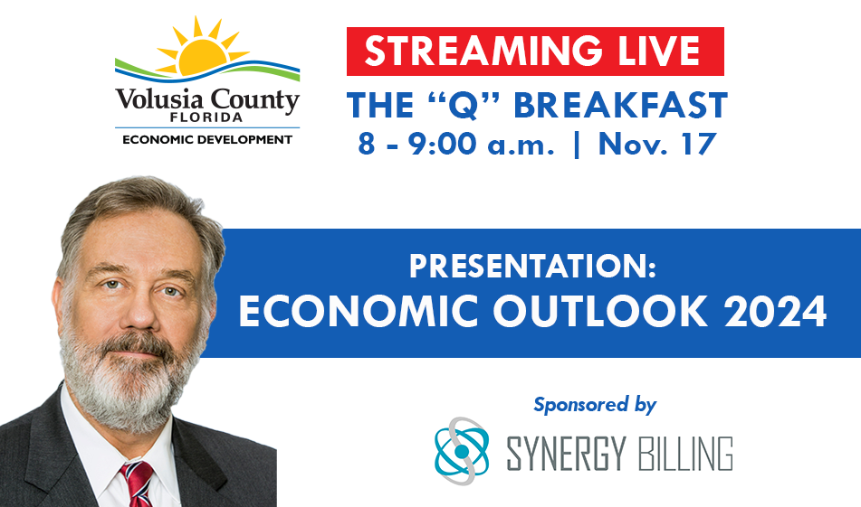 Join Volusia County Economic Development for the “Q” Breakfast with guest speaker Jerry Parrish, PhD. Chief Economist for the Metro Atlanta Chamber of Commerce for an Economic Outlook 2024 Nov. 17 from 7:30-9. Daytona Beach International Airport in the Dennis McGee Room. Limited seating event. Registration required. Sponsored by Synergy Billing.