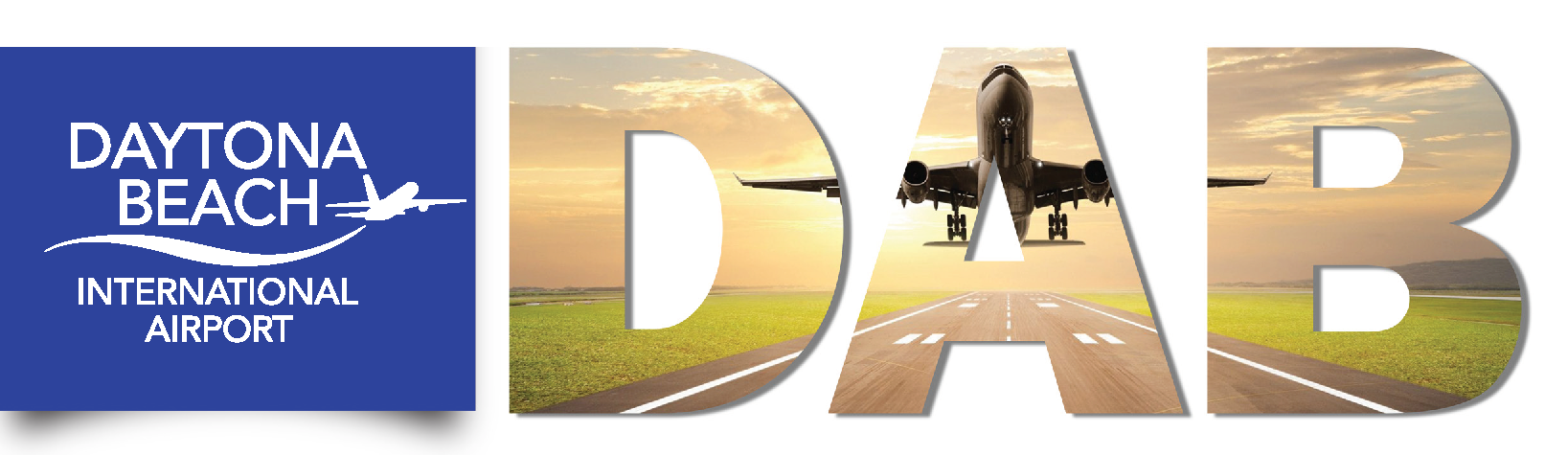 Daytona Beach International Airport logo with a plane flying. Large D.A.B. letters with the image of a plane taking off outlining the letters.