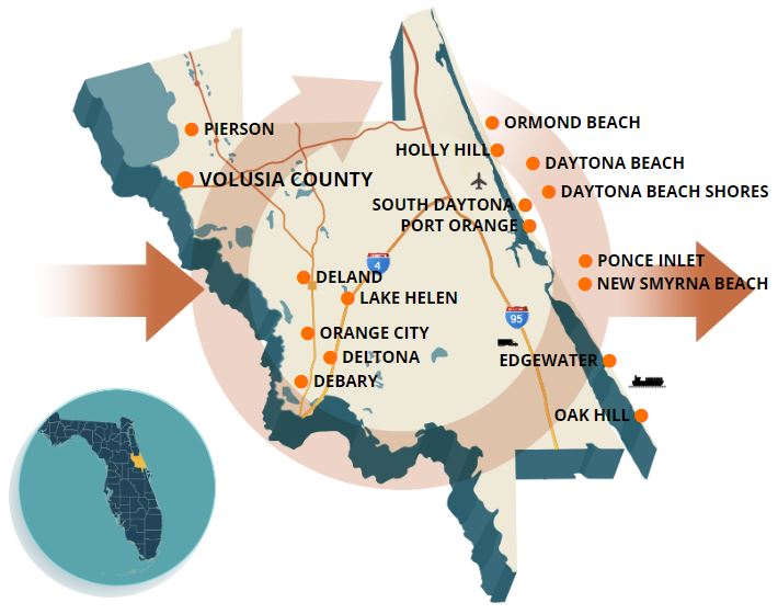 Map of Volusia County with all 16 municipalities pinned. Ormond Beach, Holly Hill, Daytona Beach, Daytona Beach Shores, South Daytona, Port Orange, Ponce Inlet, New Smyrna Beach, Edgewater, Oak Hill, Pierson, DeLand, Lake Helen, Orange City, Debary, Deltona. An circle with arrows lays over the map. An inset map of Florida highlights where Volusia County is located. The link will open the Employment webpage on floridabusiness.org.