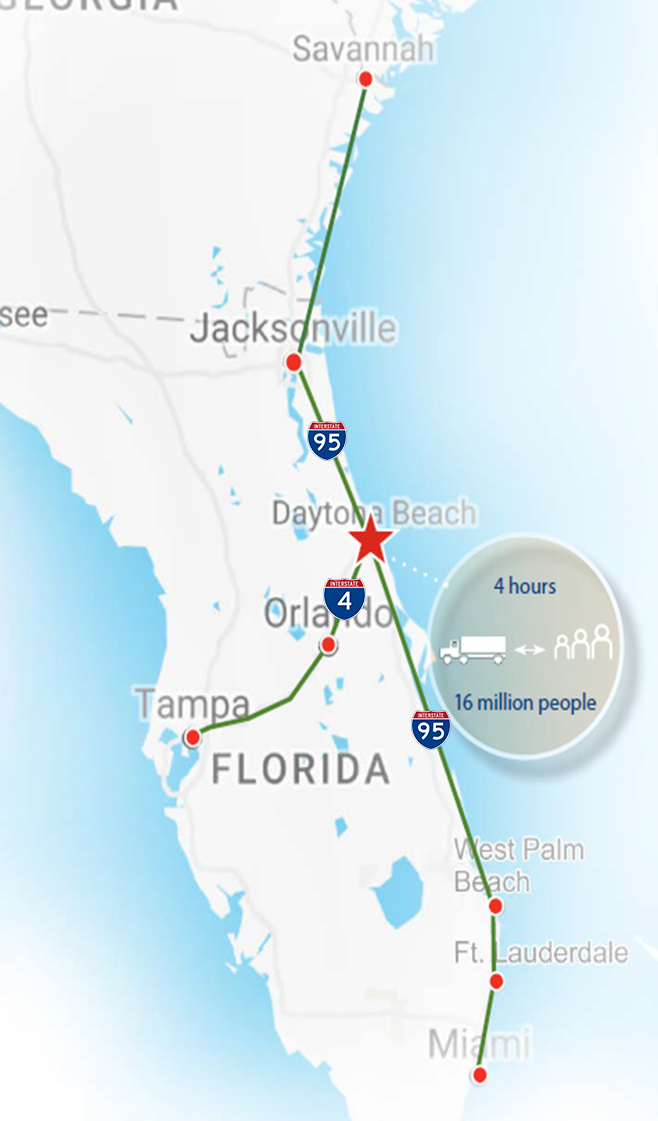 Map of Florida showing major highways I95 from Daytona to Tampa and I95 from MIami north through to Savannah GA