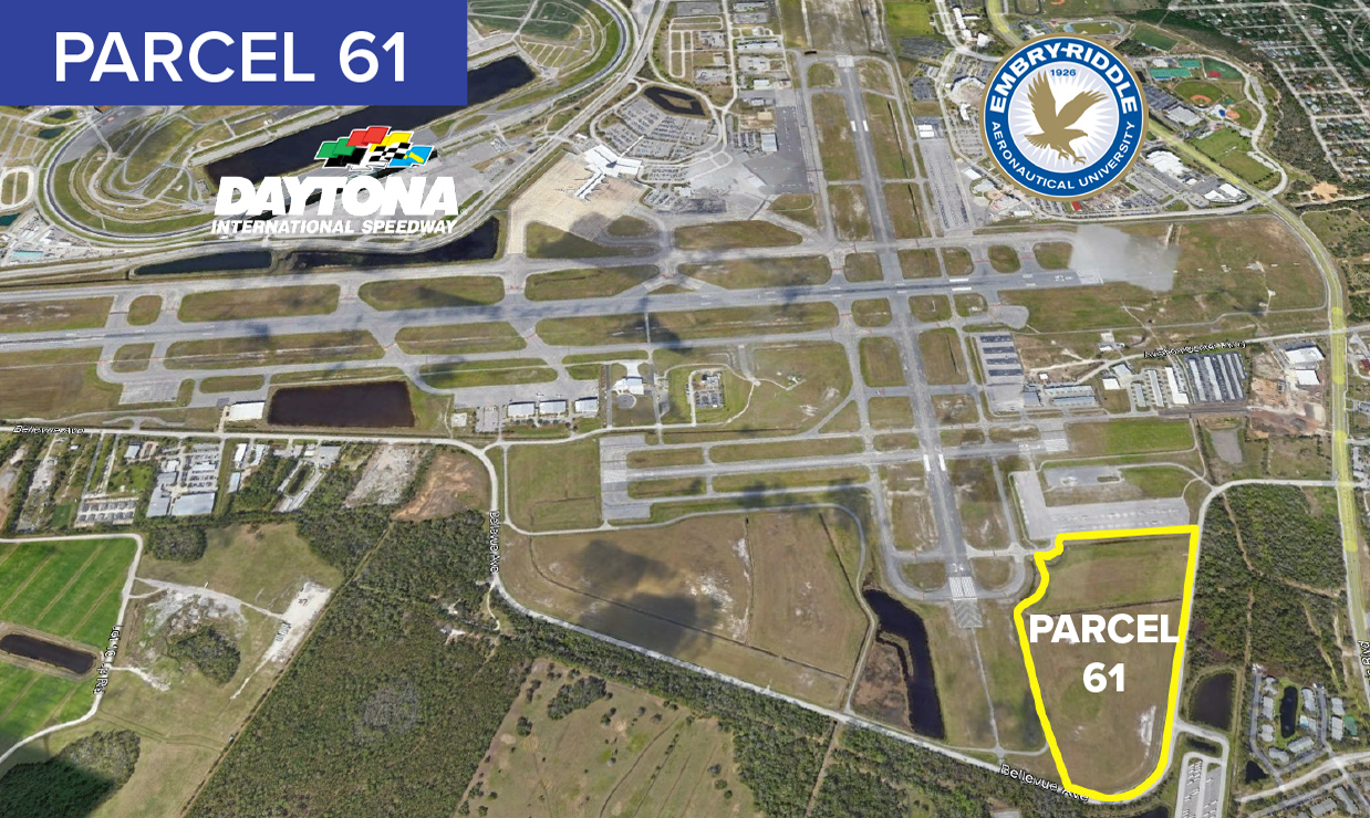 aerial image of Daytona Beach International Airport parcel 61 on southeast side of airport with a logo for Daytona International Speedway and Embry Riddle Aeronautical University logo to show their relative locations to the airport parcel