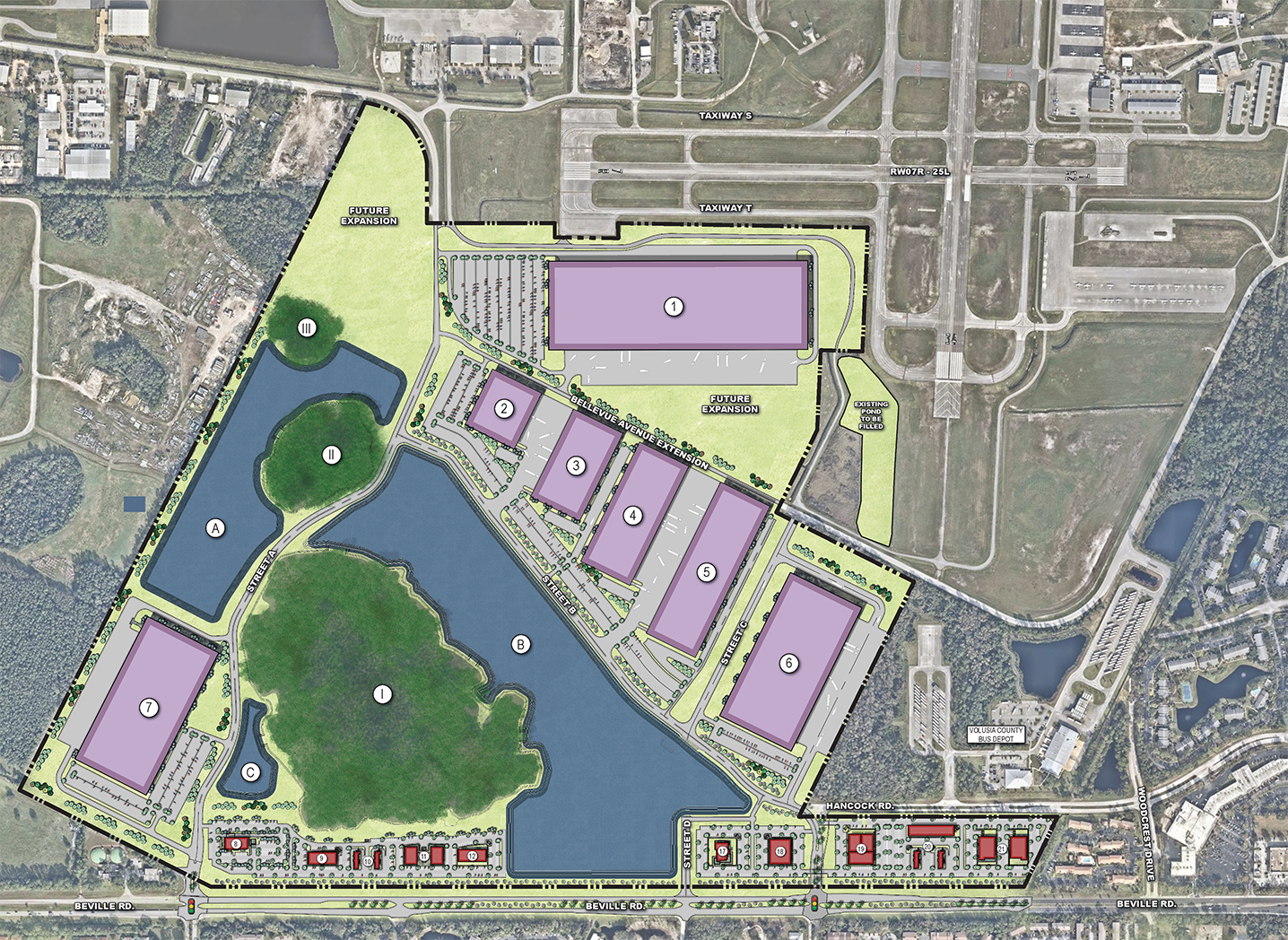 Conceptual of parcel 62 showing location near runway with 6 buildings