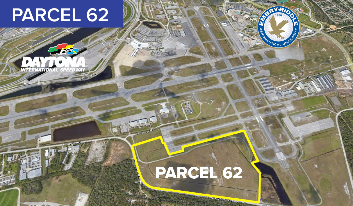 aerial image of Daytona Beach International Airport parcel 62 on south side of airport with a logo for Daytona International Speedway and Embry Riddle Aeronautical University logo to show their relative locations to the airport parcel