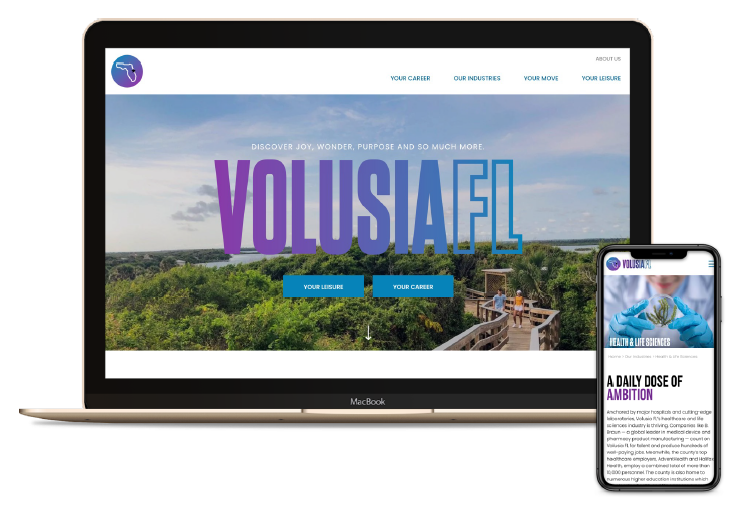 Computer screen showing the Life in Volusia FL website to promote talent recruitment