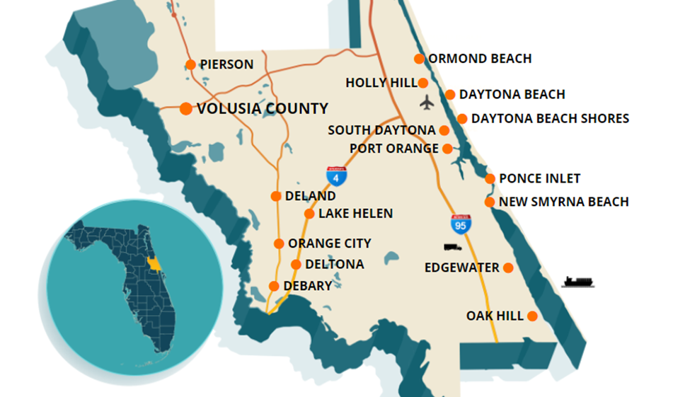 Map of Volusia County with all 16 municipalities pinned. Ormond Beach, Holly Hill, Daytona Beach, Daytona Beach Shores, South Daytona, Port Orange, Ponce Inlet, New Smyrna Beach, Edgewater, Oak Hill, Pierson, DeLand, Lake Helen, Orange City, Debary, Deltona