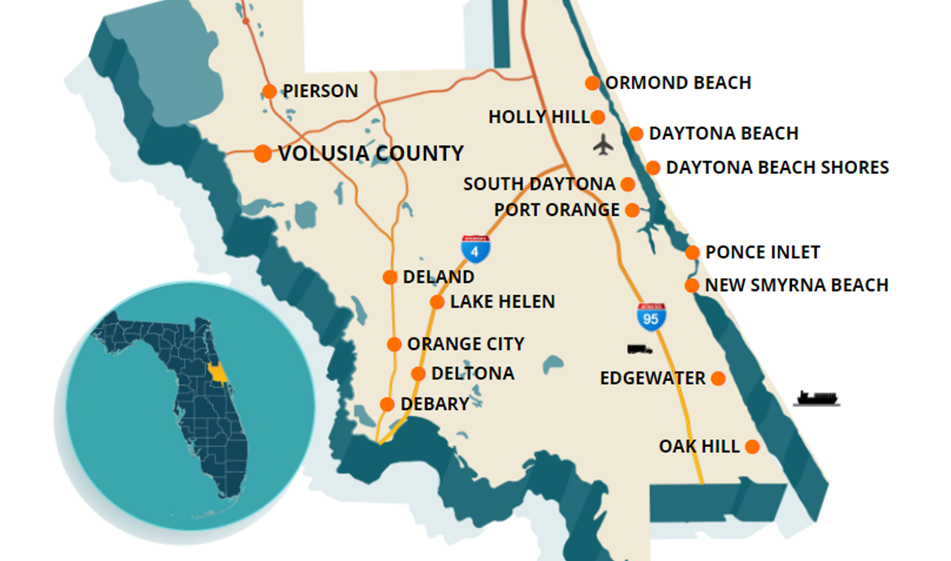 Map of Volusia County with all 16 municipalities pinned. Ormond Beach, Holly Hill, Daytona Beach, Daytona Beach Shores, South Daytona, Port Orange, Ponce Inlet, New Smyrna Beach, Edgewater, Oak Hill, Pierson, DeLand, Lake Helen, Orange City, Debary, Deltona. An inset map of Florida highlights where Volusia County is located. The link will open the Demographics webpage on floridabusiness.org.