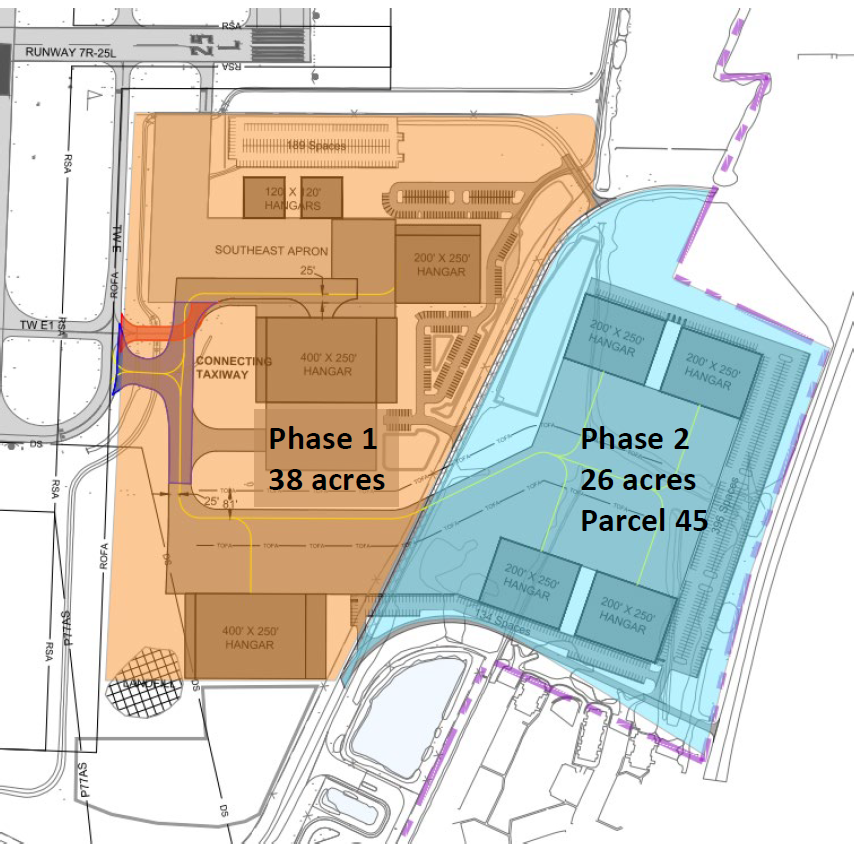 Conceptual of parcel 61 showing location near runway with two phases