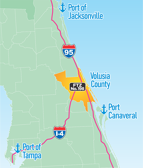 Map of Florida showing Volusia County and FTZ location