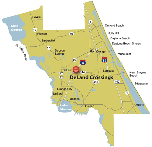 Map of Volusia County with pin drop at DeLand Crossings location
