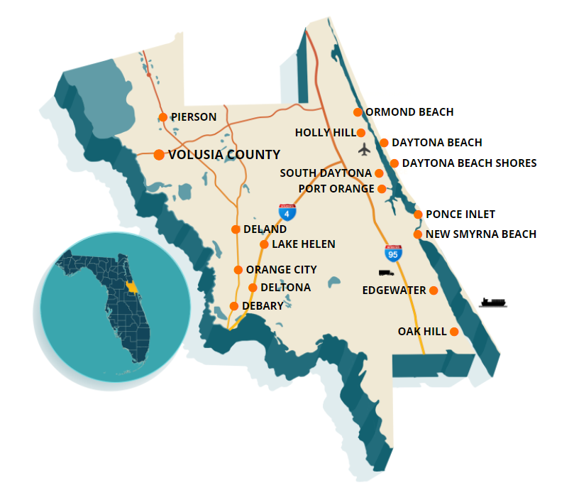 Map of Volusia County with all 16 cities pinned.