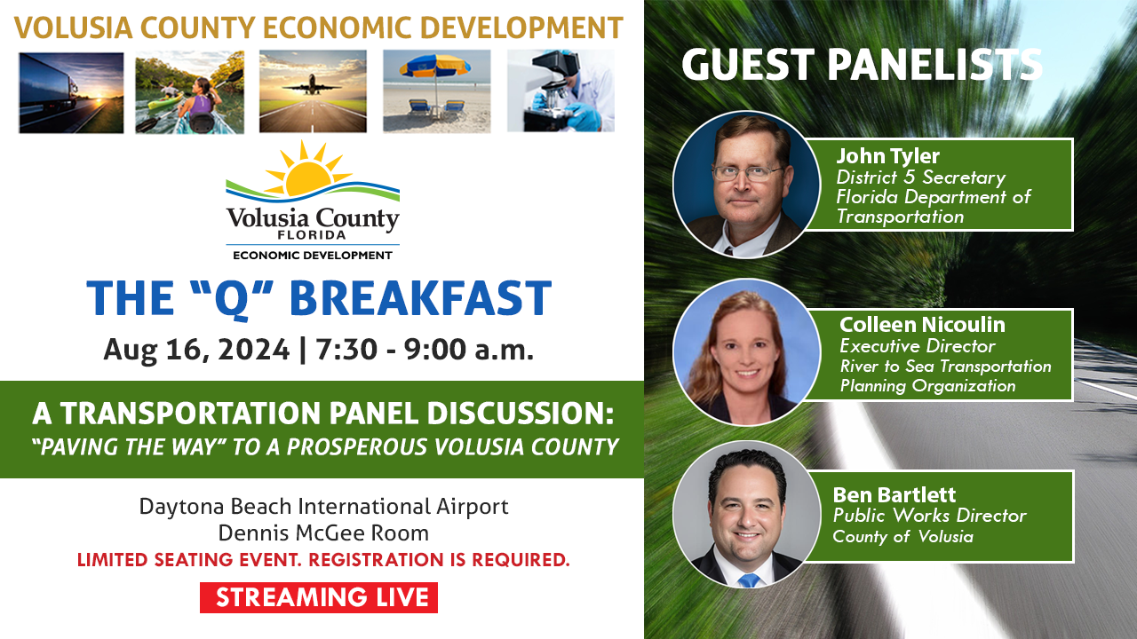 Volusia County Economic Development with 5 images of a trucking driving into the sunset, a woman kayaking, a plane taking off, image of the beach with 2 chairs and umbrella, and a scientist looking through a telescope. Join Us for the 
