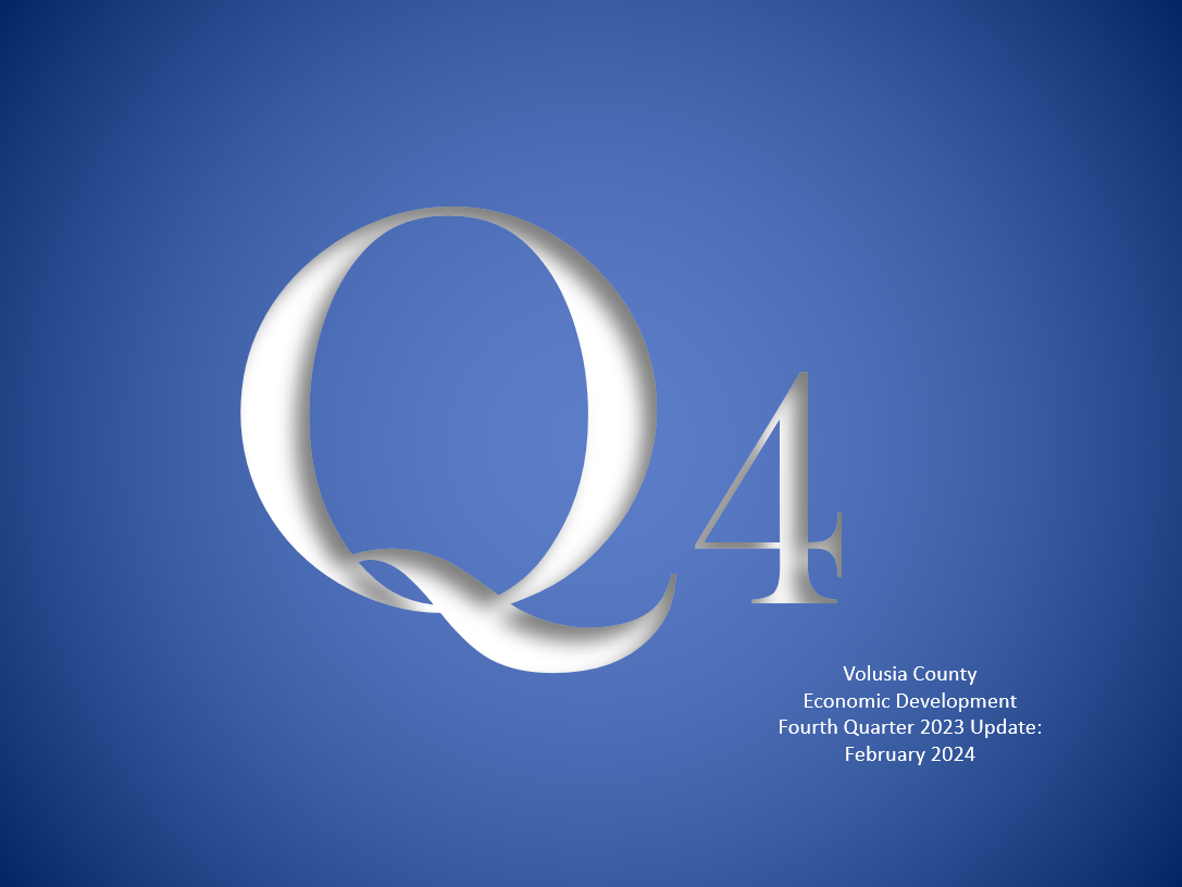Q4 Volusia County Economic Development Fourth Quarter 2023 Update: February 2024 Q Report cover. The link will open the Research Center webpage on floridabusiness.org