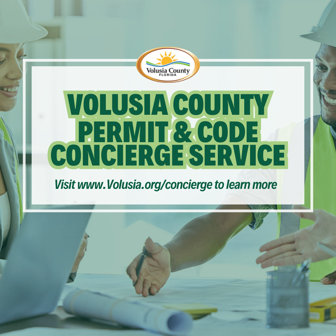 Volusia County Permit & Code Concierge Service. Visit www.volusia.org/concierge to learn more. Background image of a construction team.