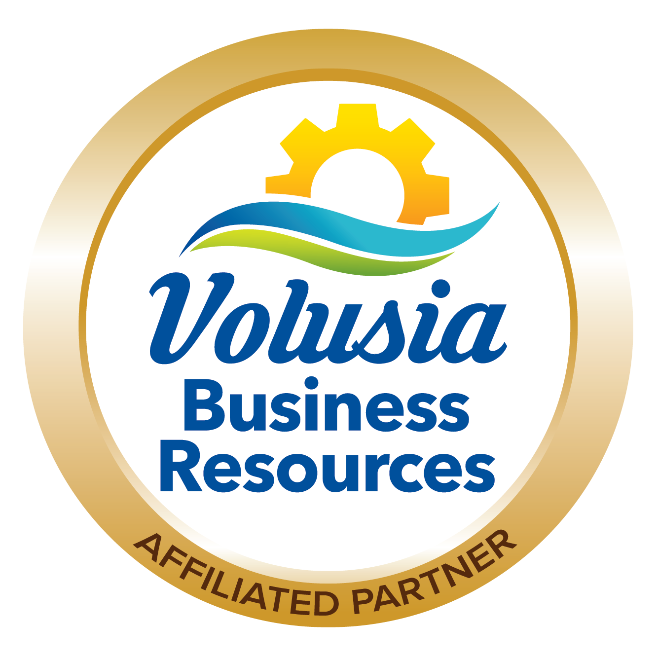 Volusia Business Resources Affiliated Partner seal with Volusia Business Resources logo in gold circle