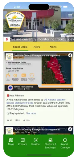 Screen shot of the new Volusia County Emergency Management app